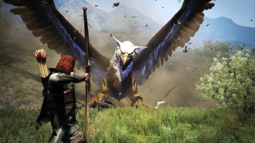 An archer aims his bow at a griffin in a Dragon's Dogma: Dark Arisen screenshot.