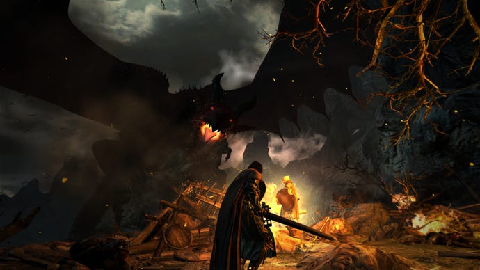 Facing a dragon in a Dragon's Dogma: Dark Arisen screenshot.