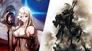 Drakengard 3's Zero sat in front of a dragon, flower coming out of her right eye, sword propped up with her right hand. 2D art of Nier Automat'as 2B holding an unconscious 9S, A2 posed in the background.
