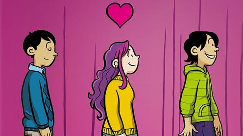Cropped cover of Raina Telgemeier's Drama, featuring three characters walking in front of a purple curtain