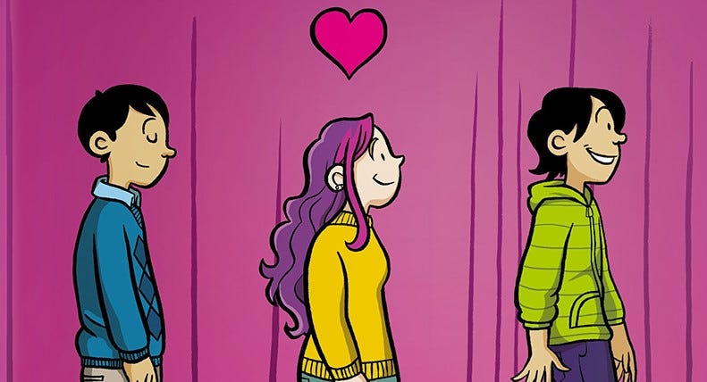 Cropped cover of Raina Telgemeier's Drama, featuring three characters walking in front of a purple curtain