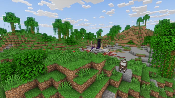 A plains landscape in Minecraft, with a forest in the distance.