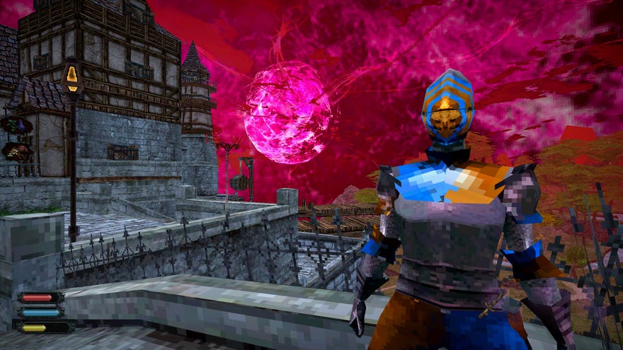 A Dread Delusion screenshot showing a town guard standing before the neuron star.