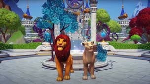 Dreamlight Valley Eyes in the Dark quest: Two animated lions, a male and female, stand in the center of a paved square. A large fountain with sparkling blue water pouring forth is behind them, with an even larger castle outlined in the distance