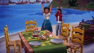 How to get Mirabel in Dreamlight Valley: An animated girl with curly black hair, wearing a white shirt and floral skirt, is standing on the beach with her hands in the air. A table set for four is in front of her, laden with plates of food