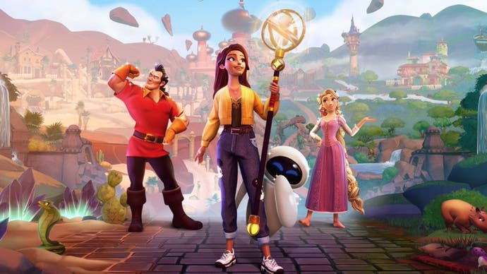 Promotional art for Disney Dreamlight Valley's A Rift in Time expansion showing Gaston, Rapunzel, and EVE surrounding a player-created character with deserts, jungle, and Jafar's palace visible in the background.