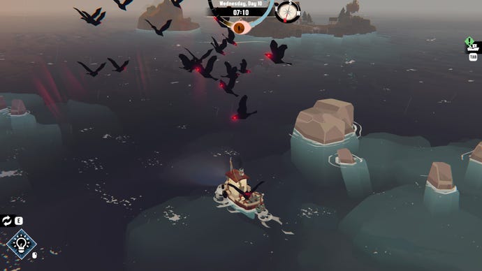 A Dredge screenshot shows a little tugboat out at sea that's being swarmed by a group of flying black creatures with red eyes.