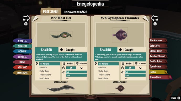 A Dredge screenshot showing an in-game encyclopedia of the eldritch creatures you can find.