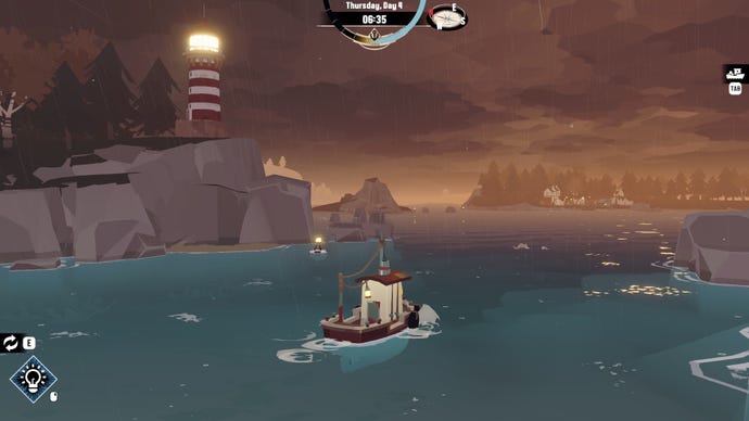 A Dredge screenshot showing a small tugboat out at sea. There's a hazy sunrise in the background.