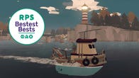 A boat sails past a rocky outcrop with a lighthouse perched on the edge in Dredge, with the RPS Bestest Best logo in the corner