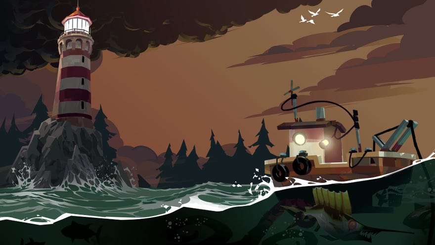Dredge artwork showing a looming lighthouse above a fishing boat out at sea. A creepy fish creature hides beneath the waves in the corner of the artwork.
