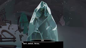 A sailor trapped in ice in Dredge's The Pale Reach DLC, warning you not to disturb the ice