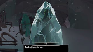 A sailor trapped in ice in Dredge's The Pale Reach DLC, warning you not to disturb the ice