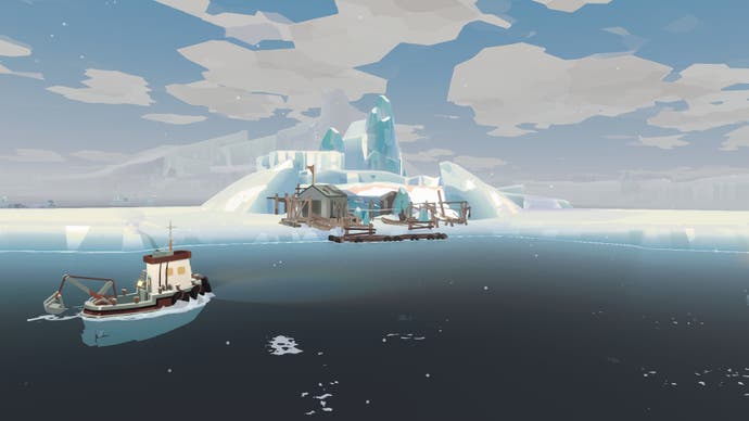 A screenshot from Dredge's The Pale Reach expansion showing a fishing boat approaching a ramshackle jetty and hut built on the edge of an iceberg.