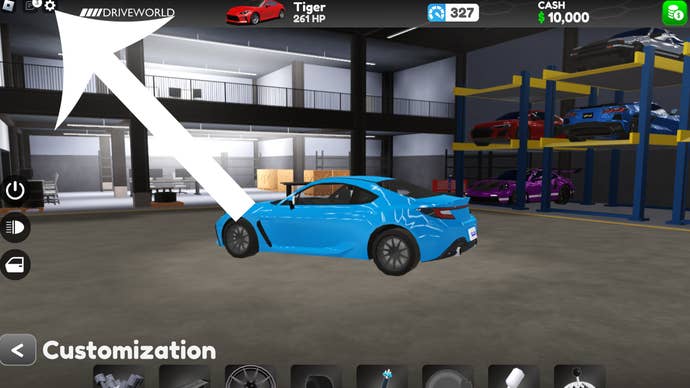 Image taken in-game from Roblox open-world racer Drive World showing an arrow pointing at the settings button.