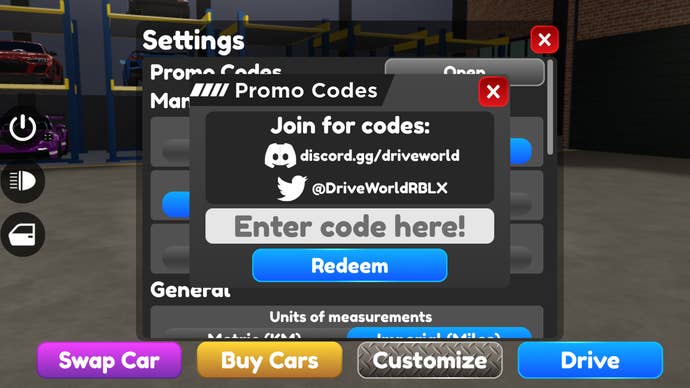 Image showing the promo codes menu taken from Roblox game Drive World.
