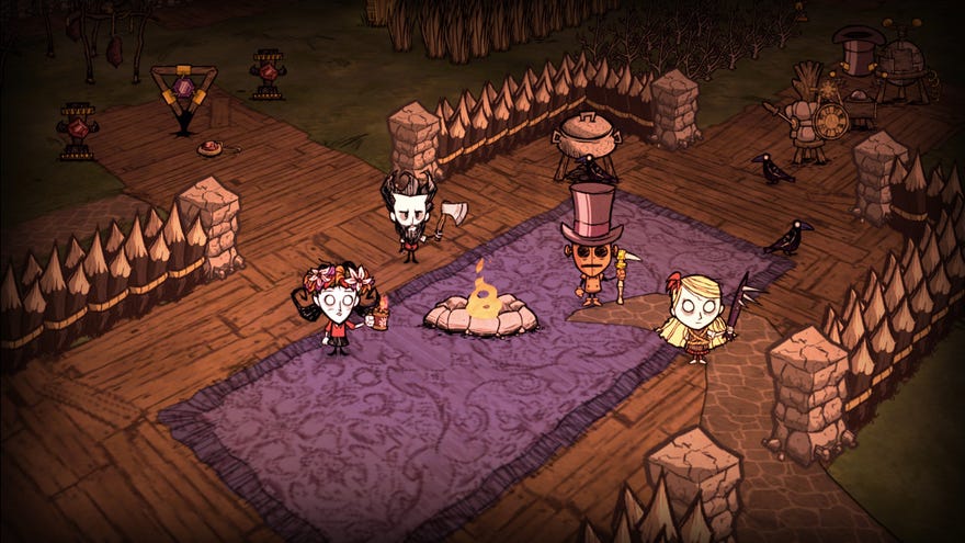 Four Don't Starve Together characters stand by the fire in their constructed base.