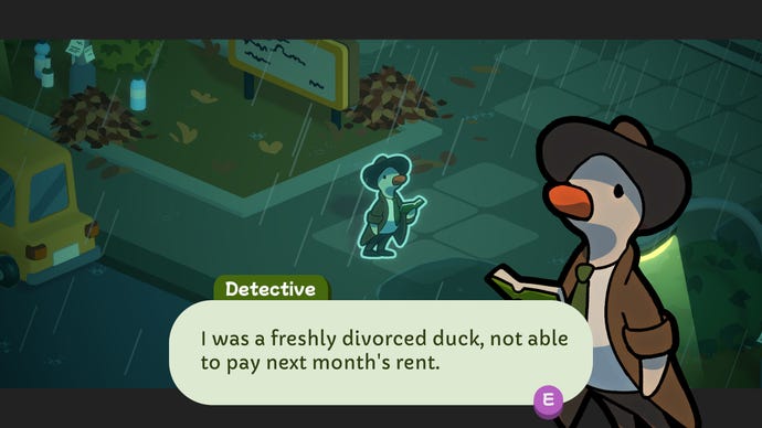 A duck detective holds a book on a rainy pavement in Duck Detective