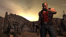 A Duke Nukem Forever screenshot showing Duke Nukem smoking a cigar near a sign for the town of Morningwood.