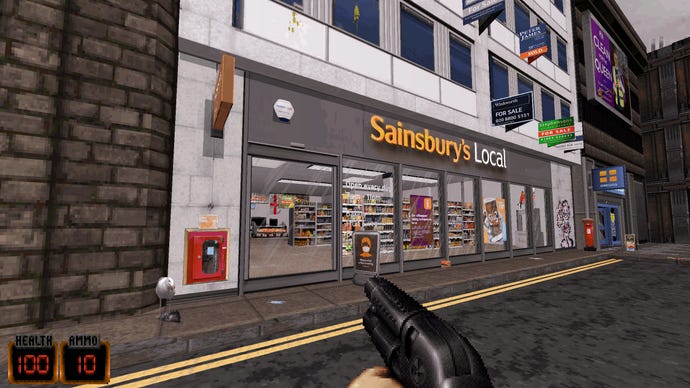 A Sainsbury's Local supermarket in a screenshot from the Duke Nukem 3D map Duke Smoochem.