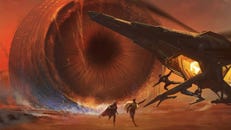 Artwork for Dune: Adventures in the Imperium featuring a massive sandworm and three figures escaping from it.