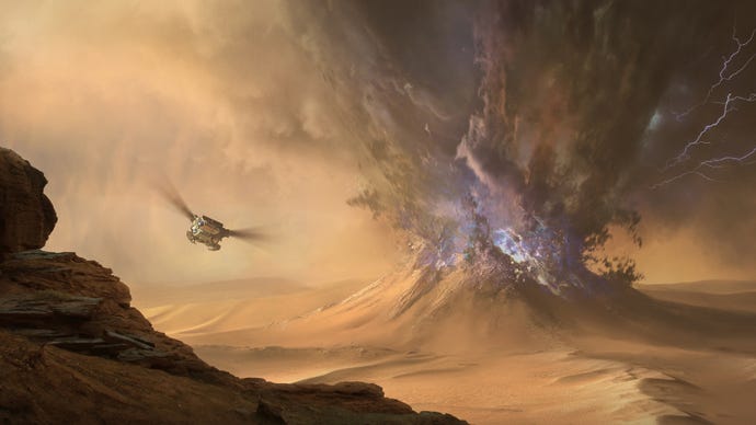 A spice plume emanates from the landscape while an Ornithopter flies nearby in Dune: Awakening.