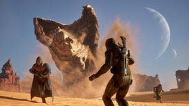 A sandworm bursts through the desert as players run for their lives in the Dune: Awakening MMO