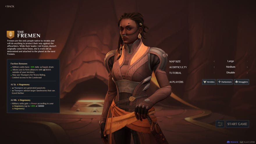 The faction selection screen in Dune: Spice Wars showing the Fremen