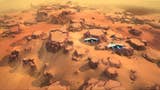 An orange desert of Arrakis with some rocks jutting through and two aircraft flying over