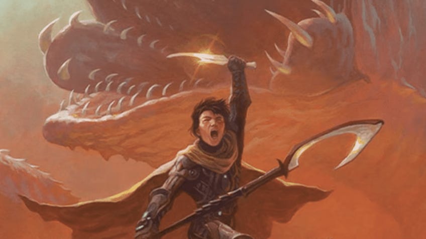 The cover art for Dune: War for Arrakis depicting Paul Atreides and a Sandworm.
