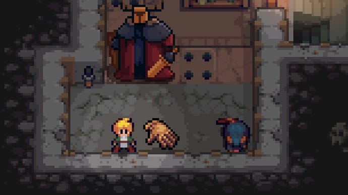 A zoomed in image of a 2D pixel dungeon showing a hero, a glove, a rat, and a brute with a sword.