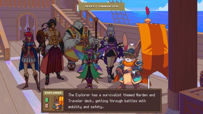 A screenshot showing the playable character line up in Dungeon Drafters. The line-up includes a mage, a muscley fighter, an owl monk, a fairy bard, a silver-haired thief, and a rabbit wizard.
