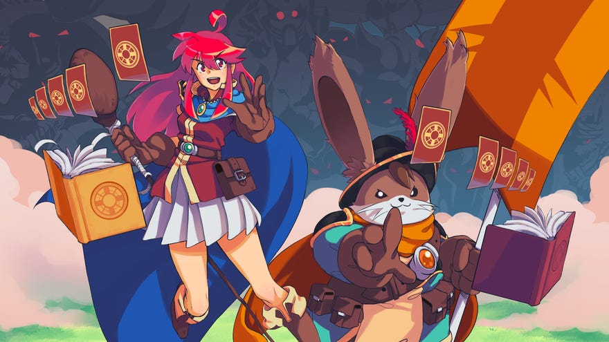 Dungeon Drafters character artwork featuring a red-headed human mage and a rabbit wizard