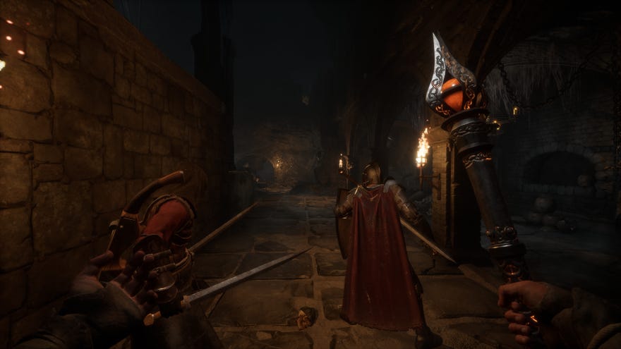 Two fantasy warriors stand in an empty dungeon corridor in Dungeonborne.