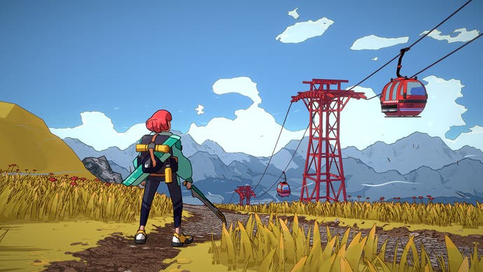 A colourful image showing a red-haired character with a backpack on and holding a sword, while next to them, a cable car moves away from a pylon supporting the wire. Fantasy meets the real world? It's a strange juxtaposition.