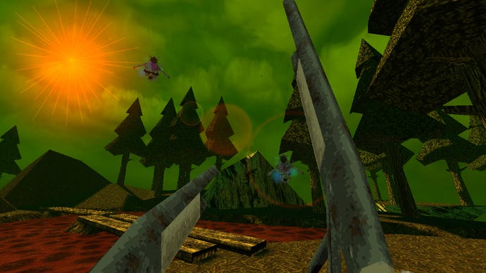 The player dual wields shotguns as an enemy leaps at them from the woods in DUSK.