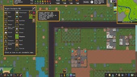 A screenshot of Dwarf Fortress's Steam release, showing a weapon stockpile menu over a grassy surface-level fort.
