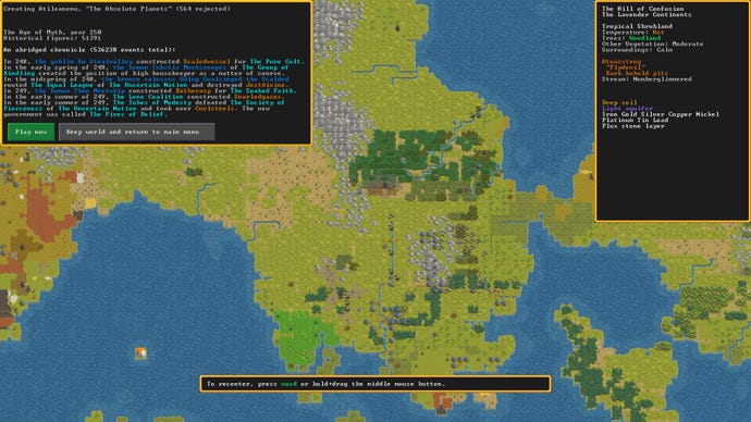 A zoomed out view of a Fortress and its surrounds in Dwarf Fortress