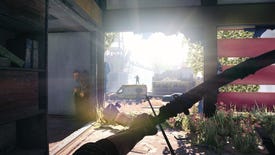 Readying a bow and arrow to fire at an enemy character through a doorway in Dying Light 2.