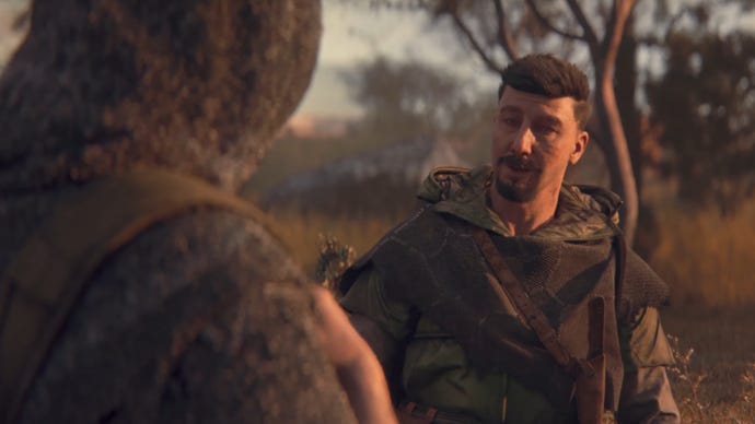 A screenshot from the ending cutscene of Dying Light 2 showing Hakon leaving the city with Aiden.