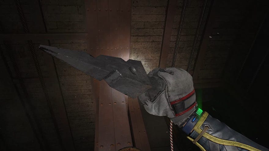 The player holds the Grappling Hook tool for the first time in Dying Light 2, having retrieved it from a darkened elevator shaft.