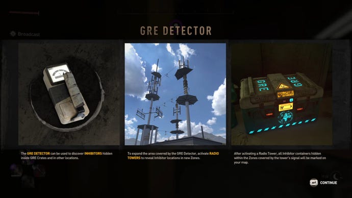 The tutorial screen for the GRE Detector in Dying Light 2, which explains how to use the tool to find Inhibitors.