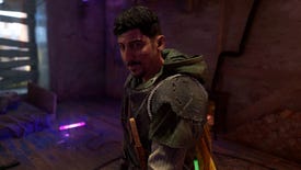 A close-up of Hakon, a character in Dying Light 2, talking to the player character inside a UV-lit bedroom.