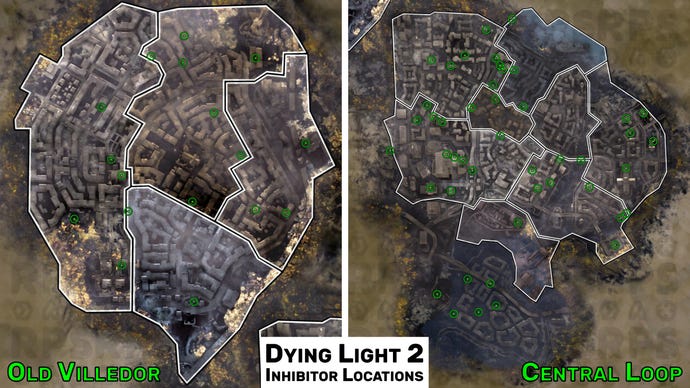 A composite map of Villedor in Dying Light 2, with Old Villedor on the left and the Central Loop on the right. The locations of all Inhibitors are marked on the map.