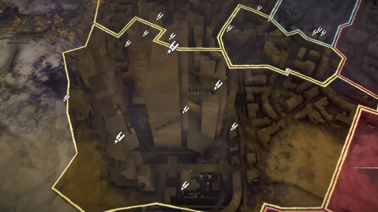 A screenshot of the Dying Light 2 map, showing the Garrison district and all the Inhibitors to be found there.