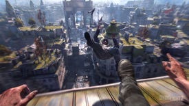 Drop-kicking an enemy off a roof in first person in Dying Light 2.