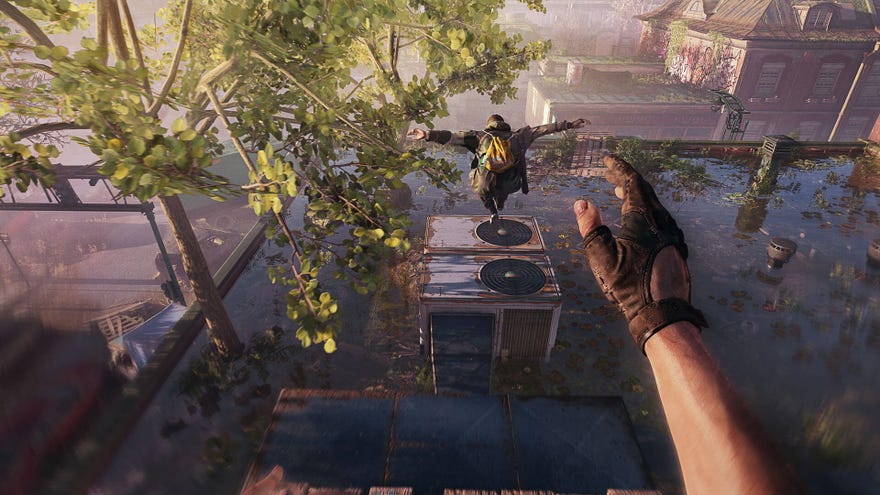 The player follows another character parkouring across a rooftop in Dying Light 2