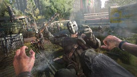 A promotional screenshot from a preview of Dying Light 2, showing the protagonist's first person view as they double-kick a bandit in the chest