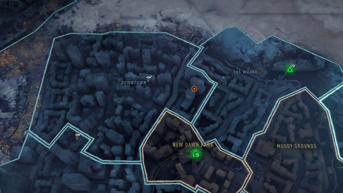 Onderdeel van de Dying Light 2 -kaart, met een marker die de locatie van het Bandit -kamp in de binnenstad aangeeft