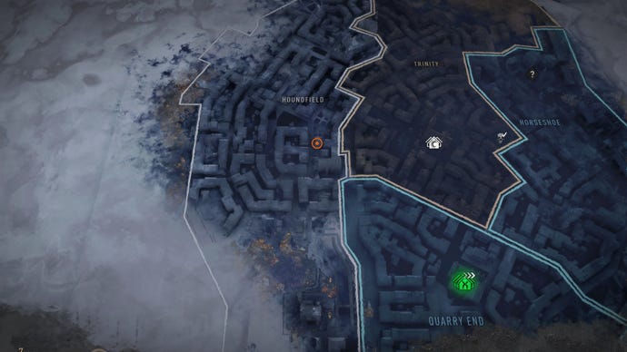 En del av Dying Light 2 -kartan, med en markör som anger platsen för Nightrunners Hideout Safe